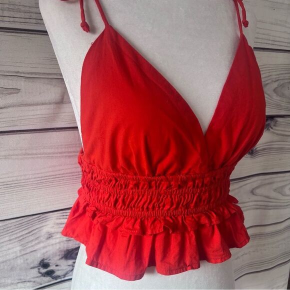 Sim & Sam Red-Orange V Neck Tie Shoulder Crop Top - Picture 2 of 9